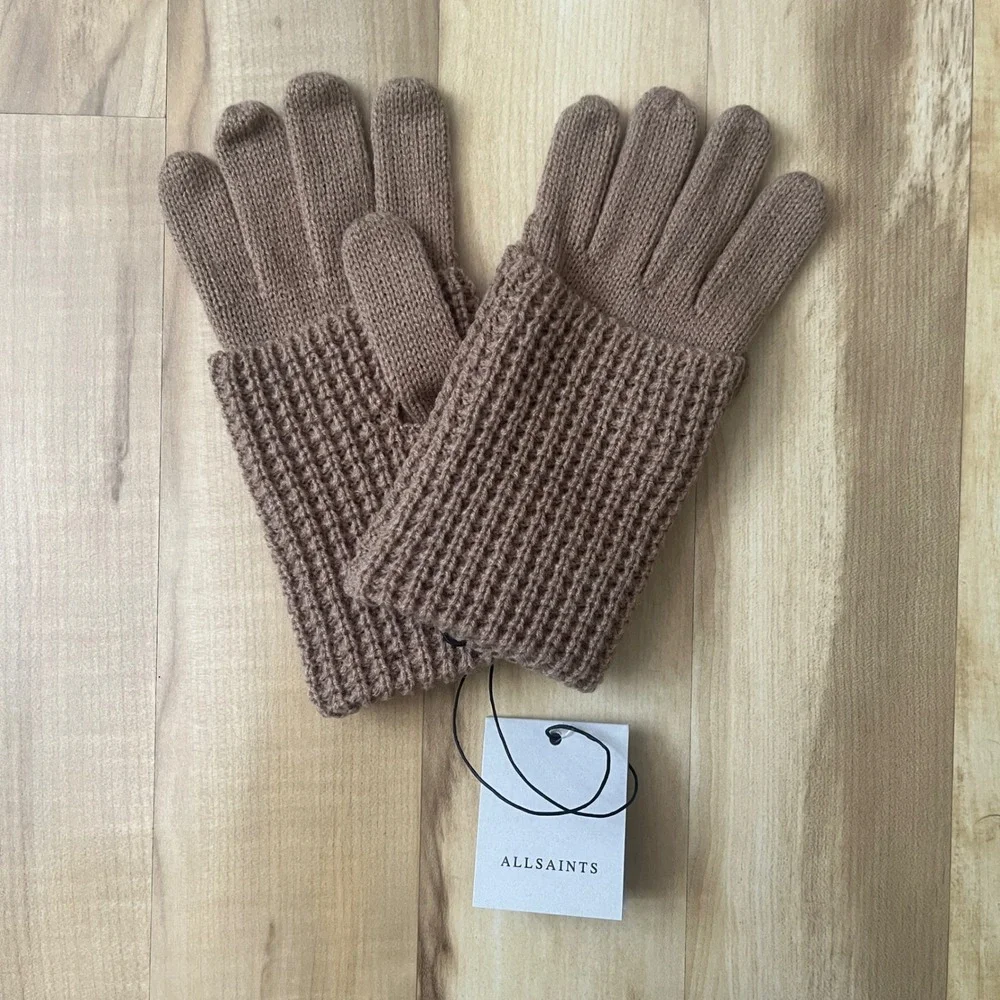 AllSaints Gloves Women's New NWT Tan Waffle Knit Cozy Neutral Scandi Classic